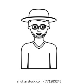 man half body with hat and glasses and sweater with short hair and stubble beard in monochrome silhouette