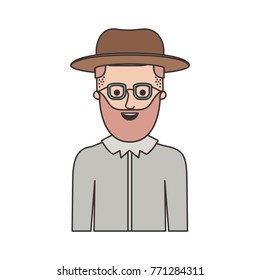man half body with hat and glasses and shirt with short hair and beard on colorful silhouette