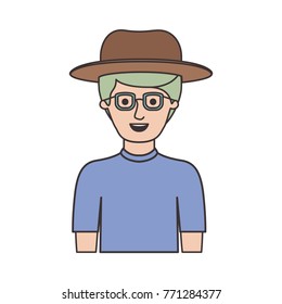 man half body with hat and glasses and t-shirt with short hair in colorful silhouette