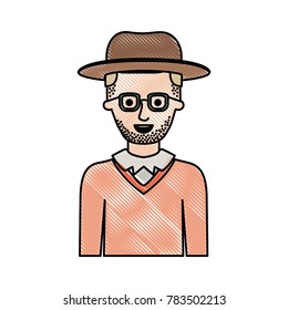 man half body with hat and glasses and sweater with short hair and stubble beard in colored crayon silhouette