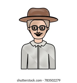 man half body with hat and glasses and shirt with short hair and moustache in colored crayon silhouette