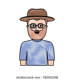 man half body with hat and glasses and t-shirt with full beard in colored crayon silhouette
