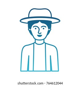 man half body with hat and jacket with short hair in degraded blue silhouette