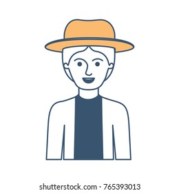 man half body with hat and jacket with short hair in color sections silhouette