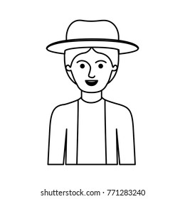 man half body with hat and jacket with short hair in monochrome silhouette