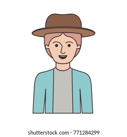 man half body with hat and jacket with short hair in colorful silhouette