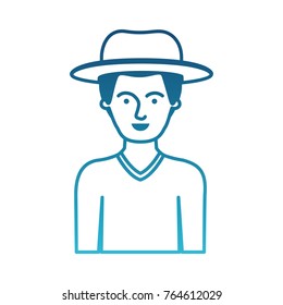 man half body with hat and sweater with short hair in degraded blue silhouette