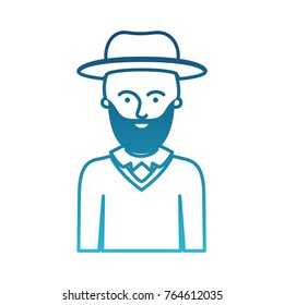 man half body with hat and sweater with short hair and beard in degraded blue silhouette