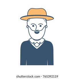 man half body with hat and sweater with short hair and beard in color sections silhouette