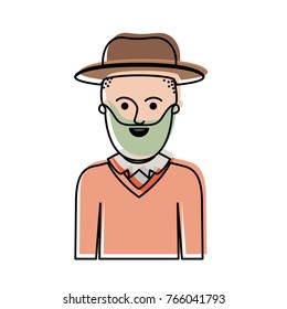 man half body with hat and sweater with short hair and beard in watercolor silhouette