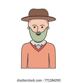 man half body with hat and sweater with short hair and beard on colorful silhouette