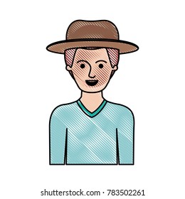 man half body with hat and sweater with short hair in colored crayon silhouette