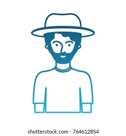 man half body with hat and t-shirt with short hair and beard in degraded blue silhouette