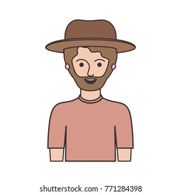 man half body with hat and t-shirt with short hair and beard in colorful silhouette