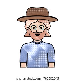 man half body with hat and t-shirt with mid length hair and beard in colored crayon silhouette