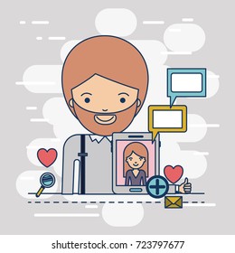 man half body with multimedia application icons and communiction with woman in device tech tablet on colorful decorative background vector illustration