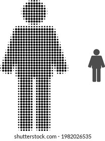 Ilustración de icono de punto medio-tono de hombre. La matriz de semitono contiene elementos de círculo. Icono vectorial del icono del hombre en un fondo blanco. abstracción plana para pictograma de hombre.