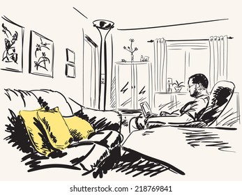 Dibujo de la mano dibujado por el hombre en el interior del salón