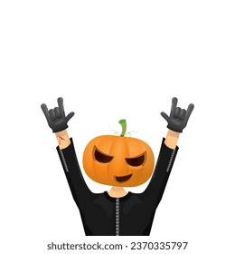 Man in halloween costume with pumpkin mask isolated on white background. Happy Halloween rock n roll party background and poster design template with funny Halloween cartoon character.