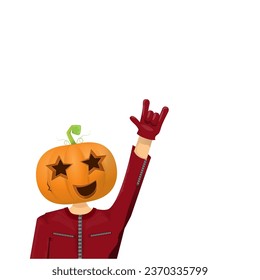 Man in halloween costume with pumpkin mask isolated on white background. Happy Halloween rock n roll party background and poster design template with funny Halloween cartoon character.