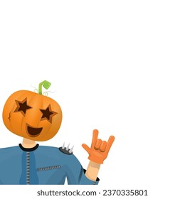 Man in halloween costume with pumpkin mask isolated on white background. Happy Halloween rock n roll party background and poster design template with funny Halloween cartoon character.