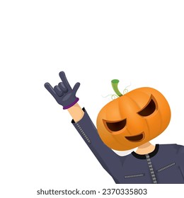 Man in halloween costume with pumpkin mask isolated on white background. Happy Halloween rock n roll party background and poster design template with funny Halloween cartoon character.