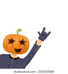 Man in halloween costume with pumpkin mask isolated on white background. Happy Halloween rock n roll party background and poster design template with funny Halloween cartoon character.