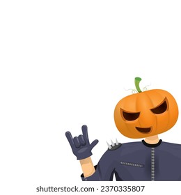 Man in halloween costume with pumpkin mask isolated on white background. Happy Halloween rock n roll party background and poster design template with funny Halloween cartoon character.