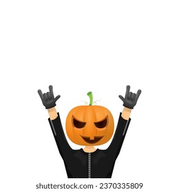 Man in halloween costume with pumpkin mask isolated on white background. Happy Halloween rock n roll party background and poster design template with funny Halloween cartoon character.