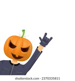 Man in halloween costume with pumpkin mask isolated on white background. Happy Halloween rock n roll party background and poster design template with funny Halloween cartoon character.