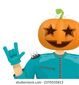 Man in halloween costume with pumpkin mask isolated on white background. Happy Halloween rock n roll party background and poster design template with funny Halloween cartoon character.