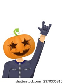 Man in halloween costume with pumpkin mask isolated on white background. Happy Halloween rock n roll party background and poster design template with funny Halloween cartoon character.