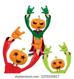 Man in halloween costume with pumpkin mask isolated on white background. Happy Halloween rock n roll party background and poster design template with funny Halloween cartoon character.