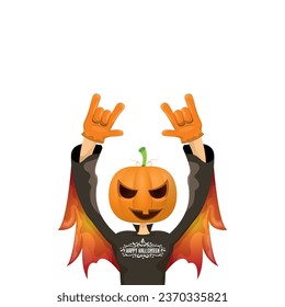 Man in halloween costume with pumpkin mask isolated on white background. Happy Halloween rock n roll party background and poster design template with funny Halloween cartoon character.