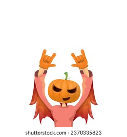 Man in halloween costume with pumpkin mask isolated on white background. Happy Halloween rock n roll party background and poster design template with funny Halloween cartoon character.