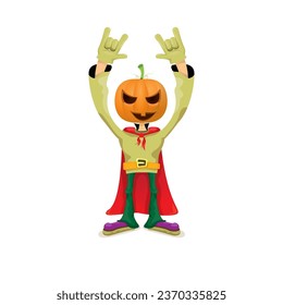 Man in halloween costume with pumpkin mask isolated on white background. Happy Halloween rock n roll party background and poster design template with funny Halloween cartoon character.