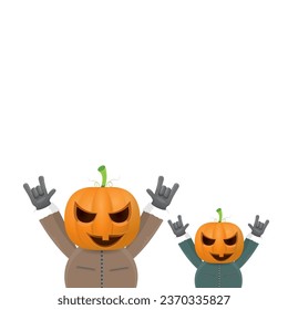 Man in halloween costume with pumpkin mask isolated on white background. Happy Halloween rock n roll party background and poster design template with funny Halloween cartoon character.