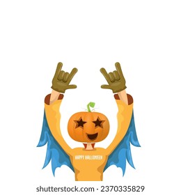 Man in halloween costume with pumpkin mask isolated on white background. Happy Halloween rock n roll party background and poster design template with funny Halloween cartoon character.