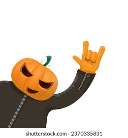 Man in halloween costume with pumpkin mask isolated on white background. Happy Halloween rock n roll party background and poster design template with funny Halloween cartoon character.