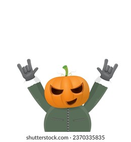 Man in halloween costume with pumpkin mask isolated on white background. Happy Halloween rock n roll party background and poster design template with funny Halloween cartoon character.