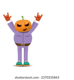 Man in halloween costume with pumpkin mask isolated on white background. Happy Halloween rock n roll party background and poster design template with funny Halloween cartoon character.