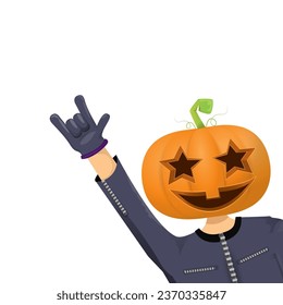 Man in halloween costume with pumpkin mask isolated on white background. Happy Halloween rock n roll party background and poster design template with funny Halloween cartoon character.