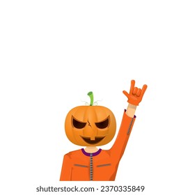 Man in halloween costume with pumpkin mask isolated on white background. Happy Halloween rock n roll party background and poster design template with funny Halloween cartoon character.