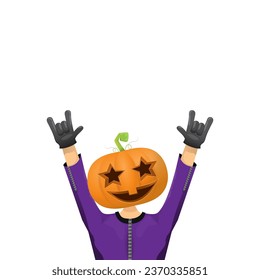 Man in halloween costume with pumpkin mask isolated on white background. Happy Halloween rock n roll party background and poster design template with funny Halloween cartoon character.