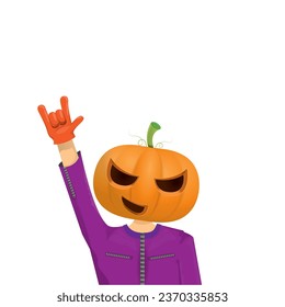 Man in halloween costume with pumpkin mask isolated on white background. Happy Halloween rock n roll party background and poster design template with funny Halloween cartoon character.