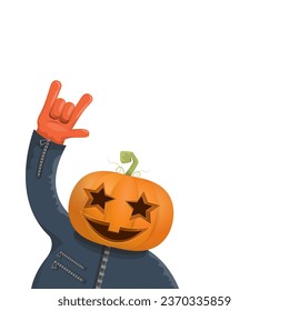 Man in halloween costume with pumpkin mask isolated on white background. Happy Halloween rock n roll party background and poster design template with funny Halloween cartoon character.