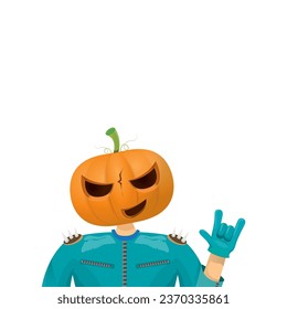 Man in halloween costume with pumpkin mask isolated on white background. Happy Halloween rock n roll party background and poster design template with funny Halloween cartoon character.