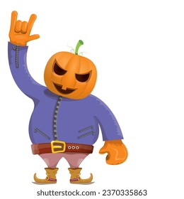 Man in halloween costume with pumpkin mask isolated on white background. Happy Halloween rock n roll party background and poster design template with funny Halloween cartoon character.