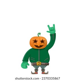 Man in halloween costume with pumpkin mask isolated on white background. Happy Halloween rock n roll party background and poster design template with funny Halloween cartoon character.