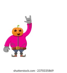 Man in halloween costume with pumpkin mask isolated on white background. Happy Halloween rock n roll party background and poster design template with funny Halloween cartoon character.